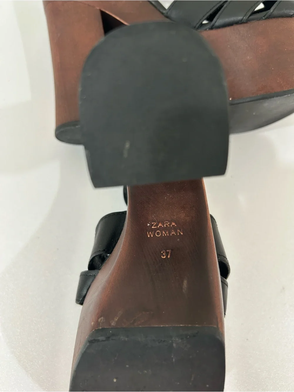 Zara Woman Black Leather Platform Sandals with Wood Block Heel, Sz EU 37, US 6.5
